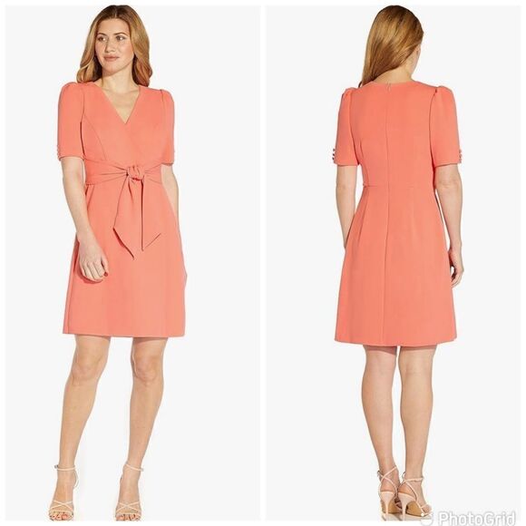 NWT Adrianna Papell Women's Tie Front Wrap Coral Dress SZ-12 - Picture 1 of 13
